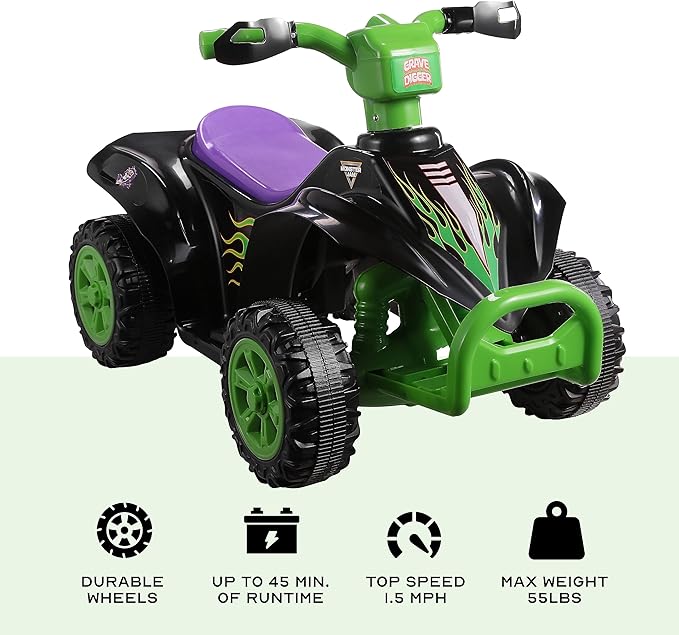 Monster Jam 6V ATV Quad for Kids - Powerful and Safe Ride-On Toy with Rechargeable Battery - Forward and Reverse Driving - Max Weight Capacity of 55 LBS - Ages 2-3 Years