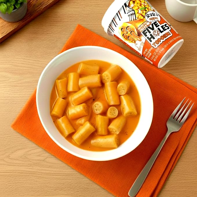 Five Holes Topokki Spicy Carbonara Flavor, Instant Korean Rice Cakes, 3.95oz (Pack of 2)