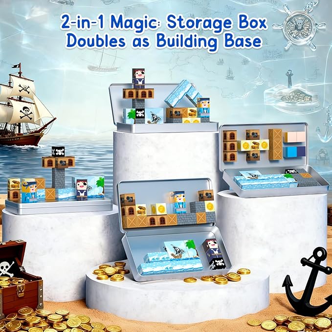 Bmag Magnetic Building Blocks Set - 35 PCS Pirate Ship, STEM Educational Magnet Toys for Kids Age 3+, Travel-Friendly with Storage Box