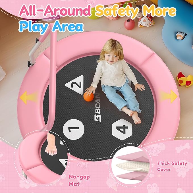 BCAN BT1 36'' Toddler Trampoline, ASTM Certified-Foldable Mini Trampolines for Kids Ages 1-6, Adjustable Handle, Safety Pad & Foldable Legs, Baby Trampoline Indoor/Garden, Gift for Boy and Girl