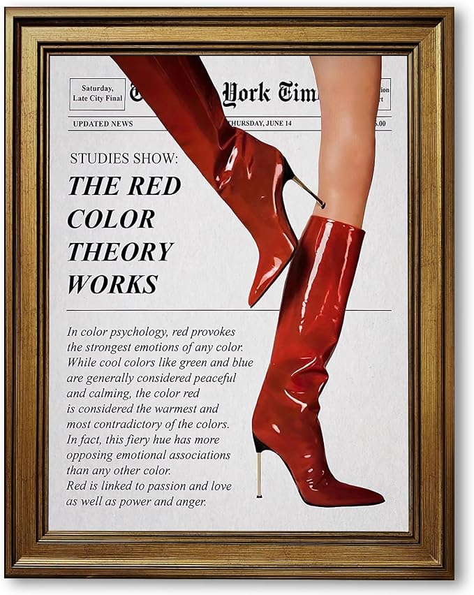 Vintage Color Theory Newspaper Poster Retro Fashion Red Boots Canvas Wall Art Funky Girl Room Decor Feminist Quote Print Wall Decor Aesthetic for Girly Bedroom Home Dorm 24x36inch Gold Framed