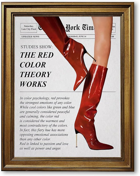 Vintage Color Theory Newspaper Poster Retro Fashion Red Boots Canvas Wall Art Funky Girl Room Decor Feminist Quote Print Wall Decor Aesthetic for Girly Bedroom Home Dorm 24x36inch Gold Framed