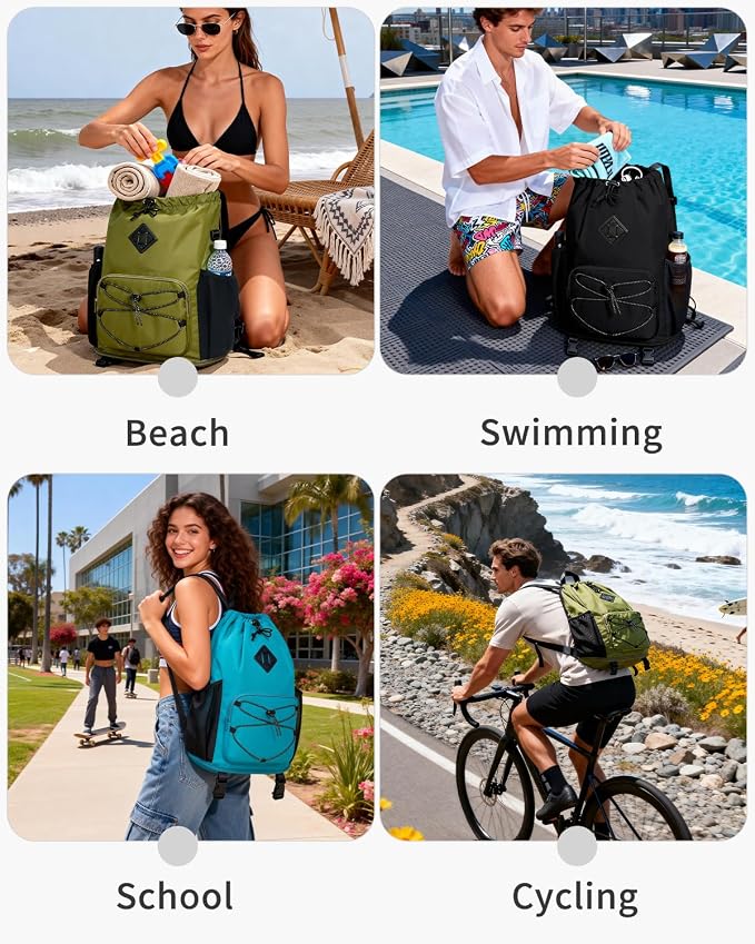 WANDF Drawstring Backpack with Removable Wet Pocket, Sandproof Beach Backpack with Bottom Compression Strap for Beach Mat, Swim Bag for Pool, Gym, Travel and Workout Gear (Dark Green)