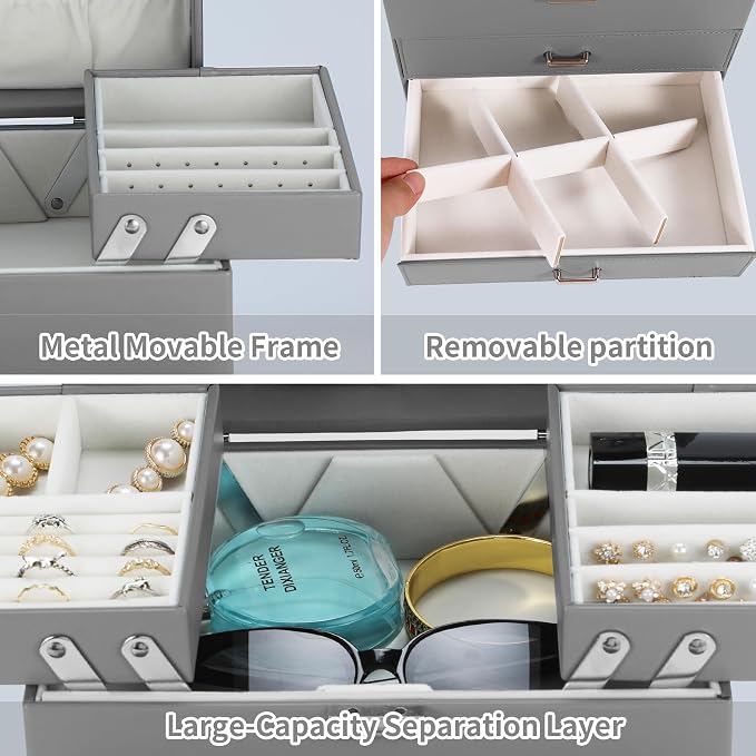 Jewelry Organizer Box, Large Jewelry Boxes for Women Girls, Space-Saving 4 Layers Jewelry Storage Case with Drawer, Movable Metal Stand, Modern, Gift Idea (Grey)