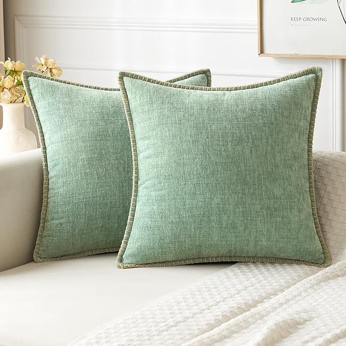 MIULEE Decorative Couch Throw Pillow Covers 20x20 Inch Greyish Green 2 Pack | Farmhouse Pillow Covers with Stitched Edge, Soft Chenille Cushion Cases, for Sofa Bed Living Room Home Decor