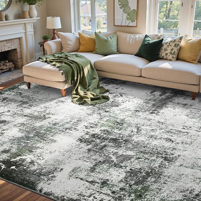 6x9 Ft Large Area Rugs for Living Room, Soft Non-Slip Washable Rugs Modern Abstract Pattern Carpet for Bedroom Indoor Floor Nursery Home Decor (Grey/Green)