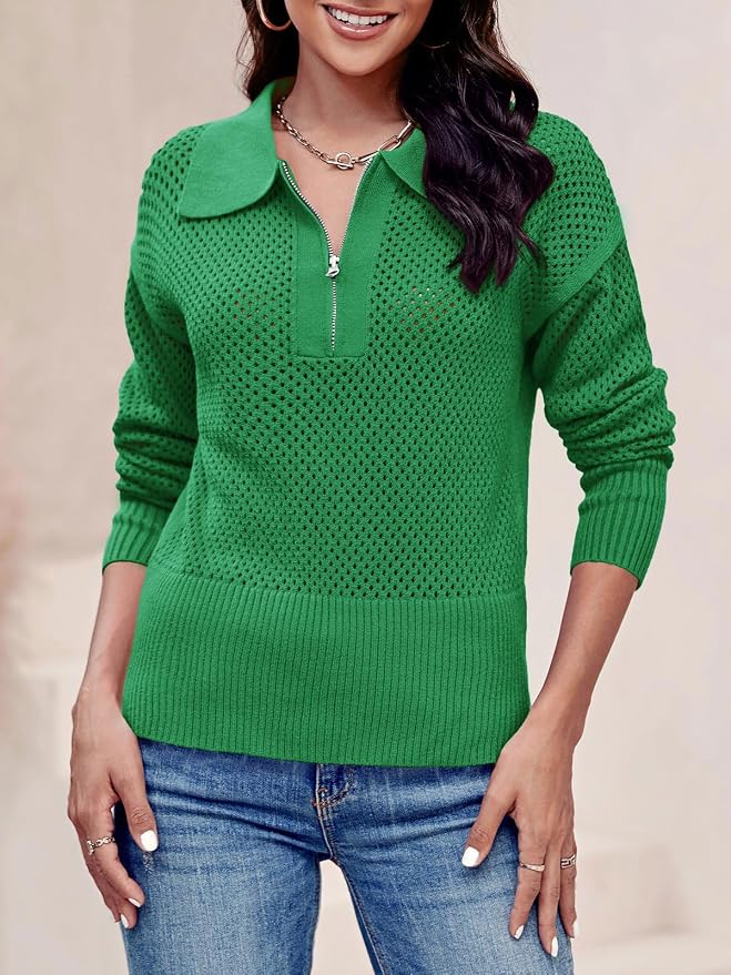 Doshoop Womens Summer Crochet Sweaters Long Sleeve Hollow Out Knit Half Zip Lapel Collar Pullover Tops