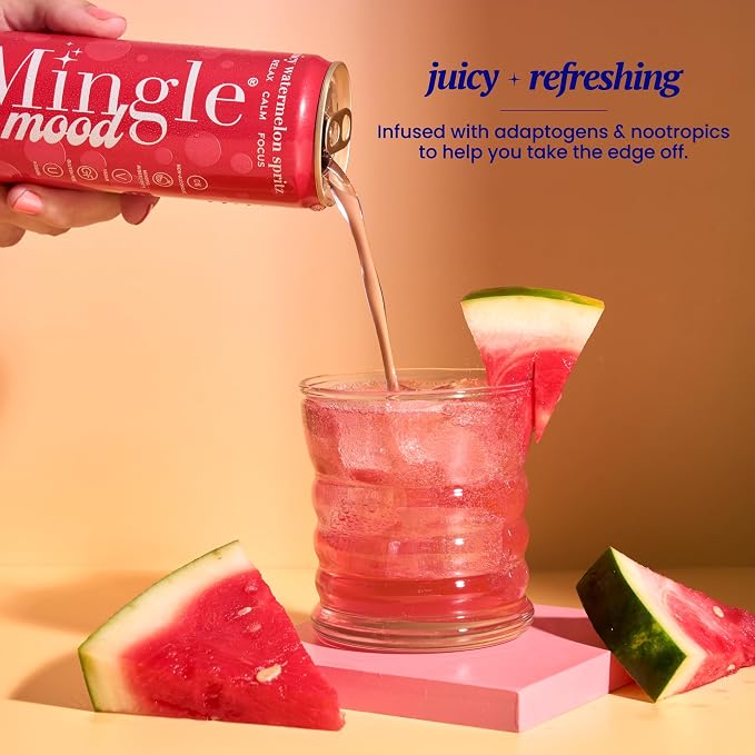 Mingle Mocktails Watermelon Spritz Nootropic Non Alcoholic Drinks with Ashwagandha, L-Theanine, Lion's Mane, Adaptogens, Alcohol Alternative Pre-Mixed Mocktails, Gluten Free Vegan, 24 Pack 12 fl oz
