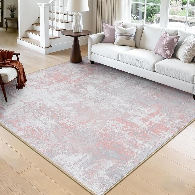 RELEANY Washable Square 8'x8' Area Rug for Living Room Gray Pink | carpet for bedroom, kitchen, office, hallway and entryway, printed pattern, non-slip, soft, stain-resistant, easy to clean