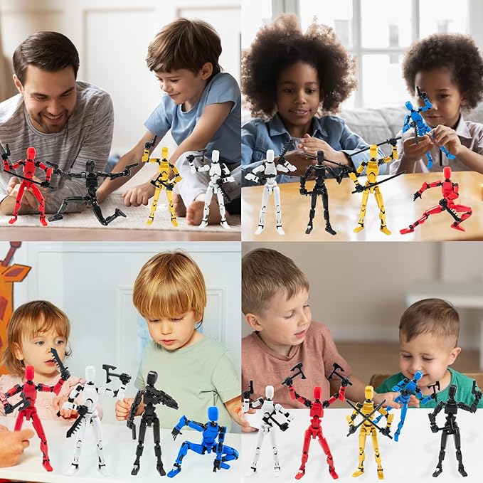 4PCS Robot Fidget Toys for Kids,Titan 13 Action Figures Set, Lucky Dummy T Nova N 13 Action Stick Figure Sensory Toys for Boys (Golden+White+Blue+Red)