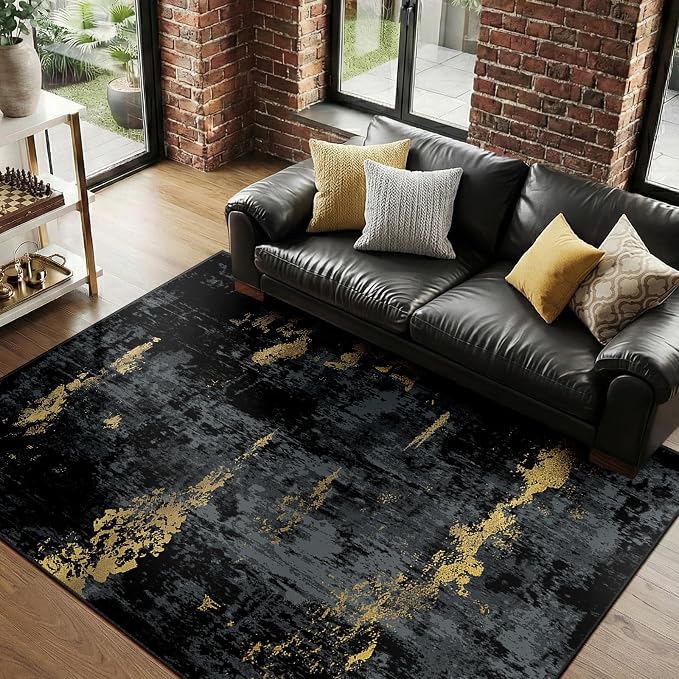 RELEANY Washable 9'x12' Abstract Area Rug for Living Room Black Gold | carpet for bedroom, kitchen, office, hallway and entryway, printed pattern, non-slip, soft, stain-resistant, easy to clean