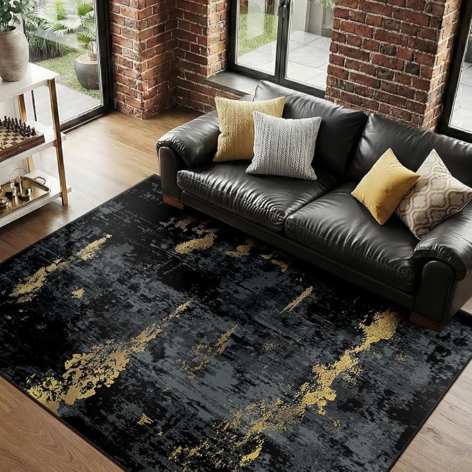 RELEANY Washable 5'x7' Abstract Area Rug for Living Room Black Gold | carpet for bedroom, kitchen, office, hallway and entryway, printed pattern, non-slip, soft, stain-resistant, easy to clean