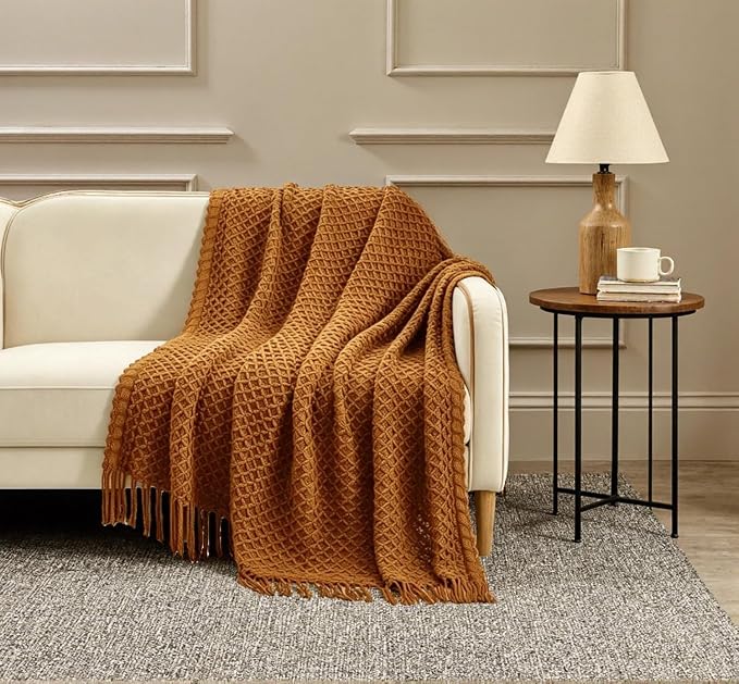 CREVENT Farmhouse Boho Knitted Throw Blanket for Couch Sofa Chair Bed Home Decoration, Soft Warm Cozy Light Weight for Spring Summer Fall (50''X60'' Caramel/Rust Burnt Orange)