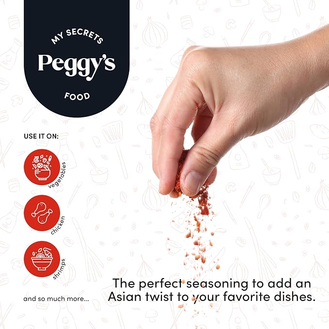 My Secrets Peggy’s Food Asian BBQ Seasoning Blend - Low Sodium Umami Spice Rub for Grilling, Roasting & Stir Fry, All Purpose Meat & Vegetable Seasoning, 4.25 Oz