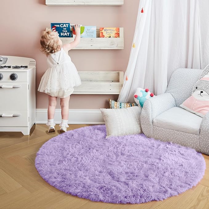 Amdrebio Light Purple Small Round Rugs 3Ft for Girls Bedroom, Fluffy Fuzzy Circle Area Rug for Kids Room Decor Aesthetic, Soft Cute Furry Plush Shag Lavender Carpet for Classroom, Baby Nursery, Dorm