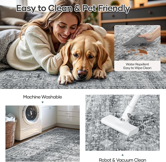 6x9 Area Rug for Living Room Bedroom, Non-Slip Washable Grey Carpet | Soft Neutral Rugs for Dining Room Home Office Indoor Nursery, Stain Resistant, Low Pile, Foldable, Vintage Distressed Rug
