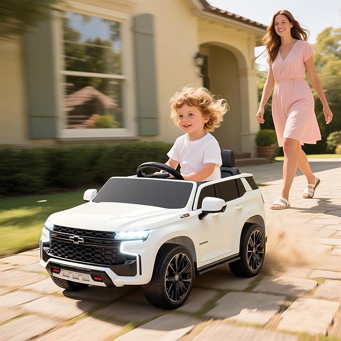 Aosom Licensed Chevrolet Tahoe Ride On Car, 12V 7AH Battery Power Ride On Toy with Parent Remote Control, LED Lights, Music, 4 Wheeler Suspension, 3 Speeds, Kids Electric Vehicle for Aged 3+, White