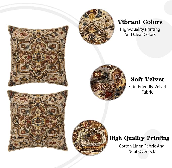 KSLIDS Boho Brown Soft Velvet Throw Pillow Covers Set of 2 Vintage Bohemian Rug Carpet Decorative Pillow Covers 18x18 Inch Antique Ethnic Pillow Case for Sofa Couch Living Room Home Decor