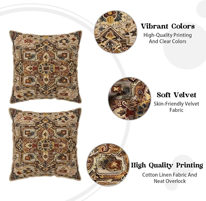 KSLIDS Boho Brown Soft Velvet Throw Pillow Covers Set of 2 Vintage Bohemian Rug Carpet Decorative Pillow Covers 16x16 Inch Antique Ethnic Pillow Case for Sofa Couch Living Room Home Decor