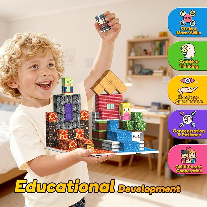 Magnetic Building Blocks - 150PCS Building Toys with 6PCS Bases, Magnet Cube Game for Kids, Build Mine Castle Volcano World for Boys Girls Age 3-5 4-8 8-12, STEM Sensory Outdoor Travel Toys Gifts