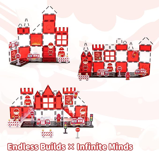 Fire Rescue Magnetic Tiles (48PCS), STEM Building Set with Fire Truck & Firefighter, Preschool Learning Building Set for Ages 3-8, Birthday Gift for Boys & Girls(Extinguisher, Helmet)