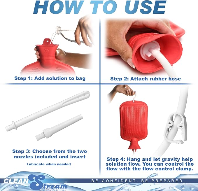Cleanstream Water Bottle Douche Kit with Enema Tip, Vaginal Tip, 2 Quart Rubber Bottle, 5 Foot Tubing, Shut-Off Clamp, Adapter, Stopper and Hanging Hook for Personal Cleansing