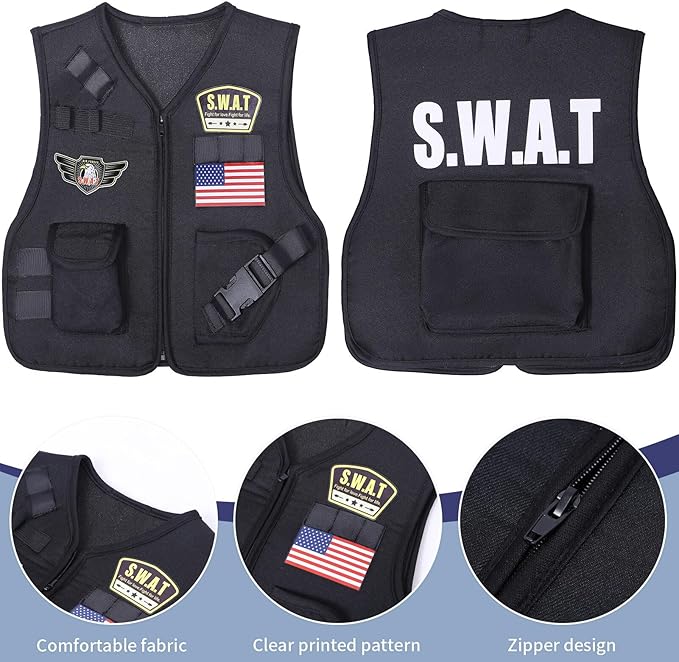 Latocos 15 PCS SWAT Police Officer Costume for Kids with Vest Accessories Cop Dress Up Role Play Set for Halloween Cosplay