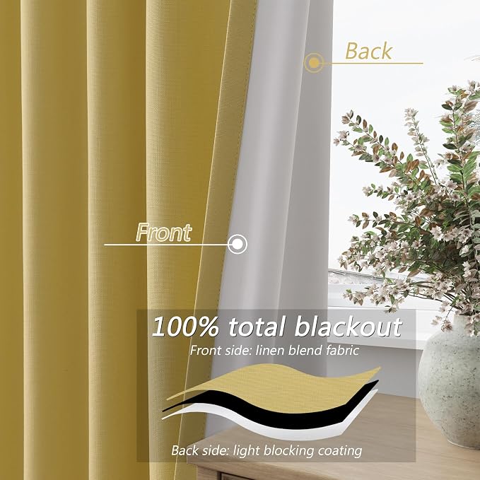 Guken Yellow 100% Blackout Linen Curtains 84 Inch Length 2 Panels Set for Living Room Bedroom Back Tab/Rod Pocket Thermal Insulated Black Out Drapes Room Darkening Window Curtains 84 Inches Long