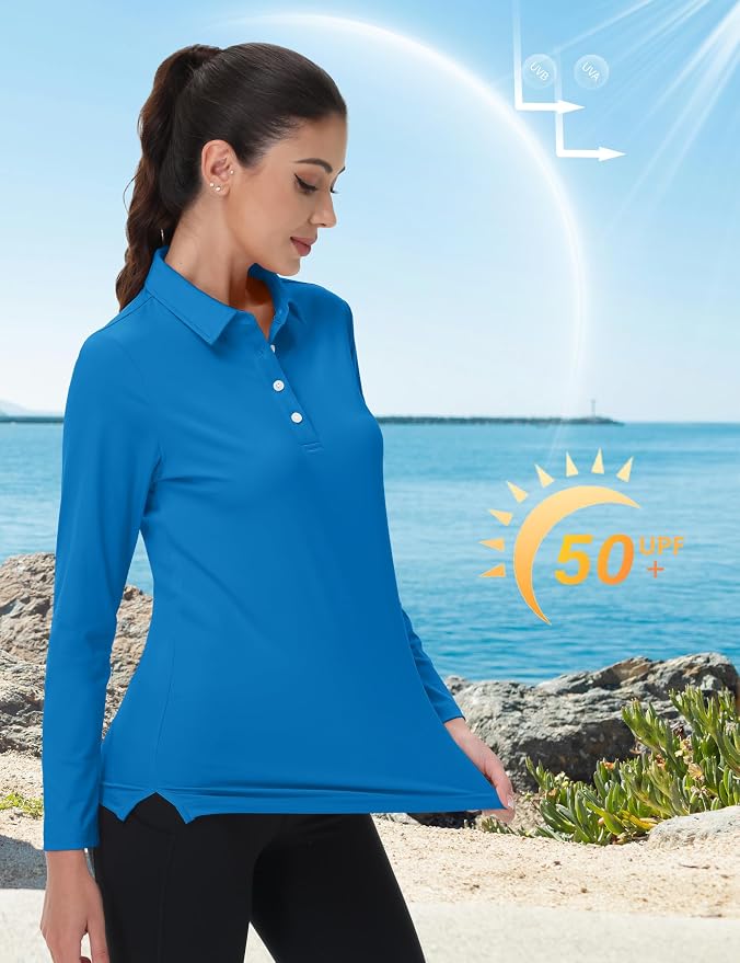 MAGCOMSEN Long Sleeve Polo Shirts for Women Golf Tops with Collar Work | UPF 50+ Sun Protection, 4 Buttons, Moisture Wicking, Breathable, 4-Way Stretch, Collared, Quick Dry, Active, Casual, Tennis
