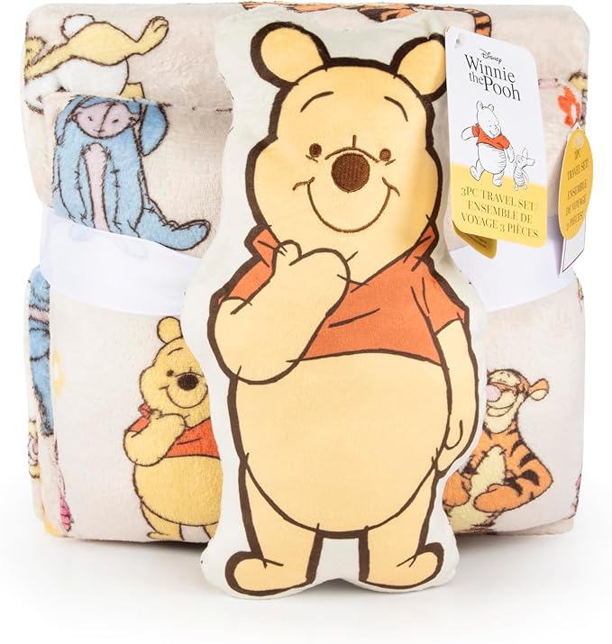 Jay Franco Kids 3 Piece Gift Set – 12" Shaped Character Pillow, 12" Decorative Pillow & 40" x 50" Throw Blanket, Ultra-Soft Plush Bedding, Couch Décor & Holiday Travel Set, Blue - Winnie The Pooh
