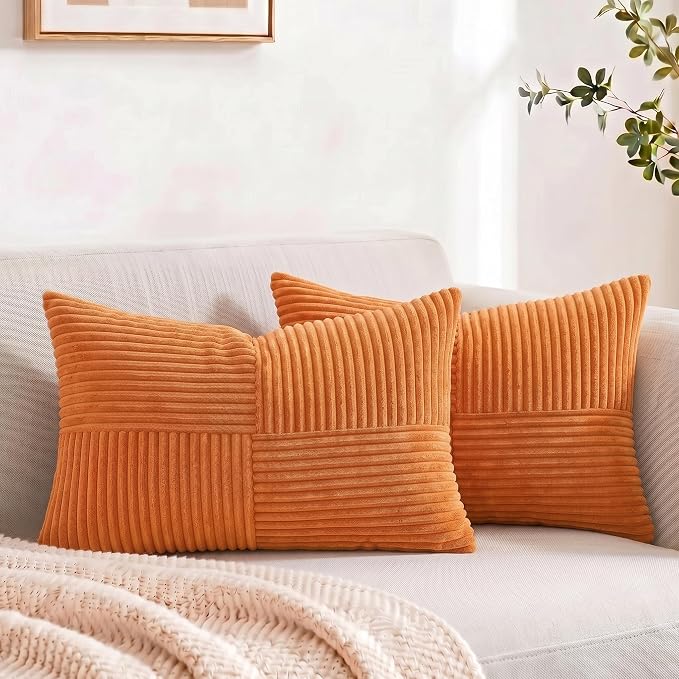Fancy Homi 2 Packs Orange Lumbar Decorative Throw Pillow Covers 16x28 Inch for Living Room Couch Bed Sofa, Farmhouse Boho Home Decor, Soft Striped Corduroy Rectangle Accent Cushion Case 40x70 cm