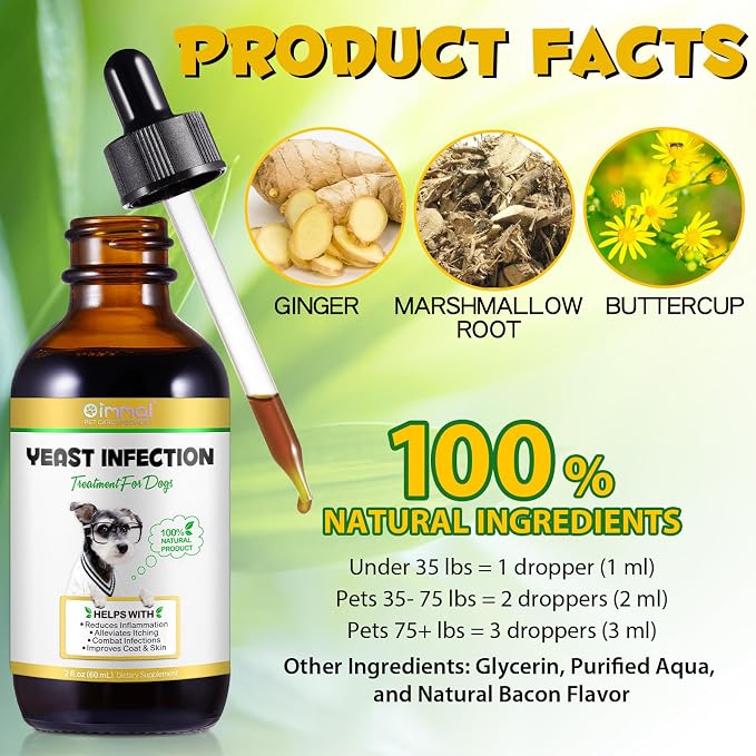 Dog Yeast Infection Treatment, Natural Yeast Infection Treatment for Dogs, Supports Dog Ear Infection Treatment and Allergy Itch Relief, Reduces Inflammation,Improve Coat & Skin, Bacon Flavor, 2 Fl Oz