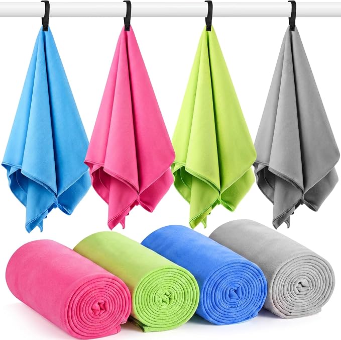 Mixweer 4 Pack Gym Microfiber Bath Towels 63"x32" Extra Large Shower Towel Lightweight Oversized Fast Drying Bathtowel for Gym Sports Travel Camping(Light Gray, Rose Pink, Green, Blue)
