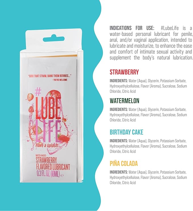 LUBELIFE Flavors Pack, Water-Based Flavored Personal Lubricants 8 x 0.3 Oz - Strawberry, Watermelon, Birthday Cake and Pina Colada lube for Men, Women and Couples, Made Without Added Sugars