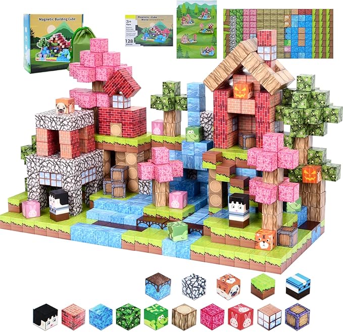 Magnetic Blocks,128 PCS Magnetic Building Blocks Tiles Stacking, STEM Montessori Stacking Toy for Toddlers Kids Ages 3+ Year Old Birthday Gifts