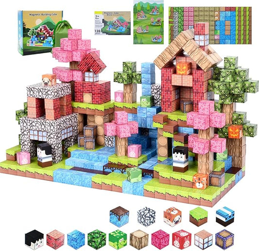 Magnetic Blocks,128 PCS Magnetic Building Blocks Tiles Stacking, STEM Montessori Stacking Toy for Toddlers Kids Ages 3+ Year Old Birthday Gifts