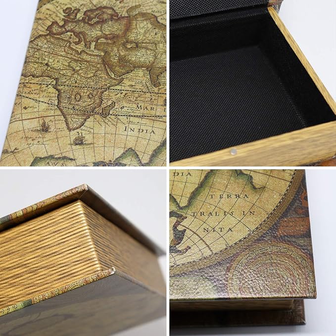 Jolitac Decorative Book Boxes World Map Pattern Antique Book Invisible box with Magnetic cover, Faux Wood Set of 3 Storage Set (Map)