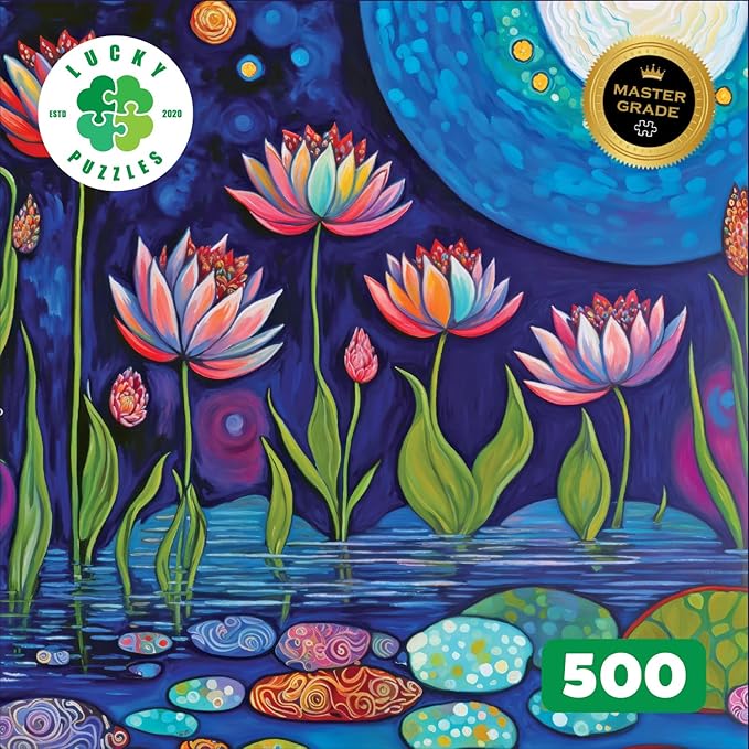 Lucky Puzzles 'Moonlit Water Lilies' | 500 Piece Jigsaw Puzzle for Adults | Stunning Artwork of Moonlit Waterlilies in a Serene Pond | Great for Relaxation and Display for Puzzle Enthusiasts