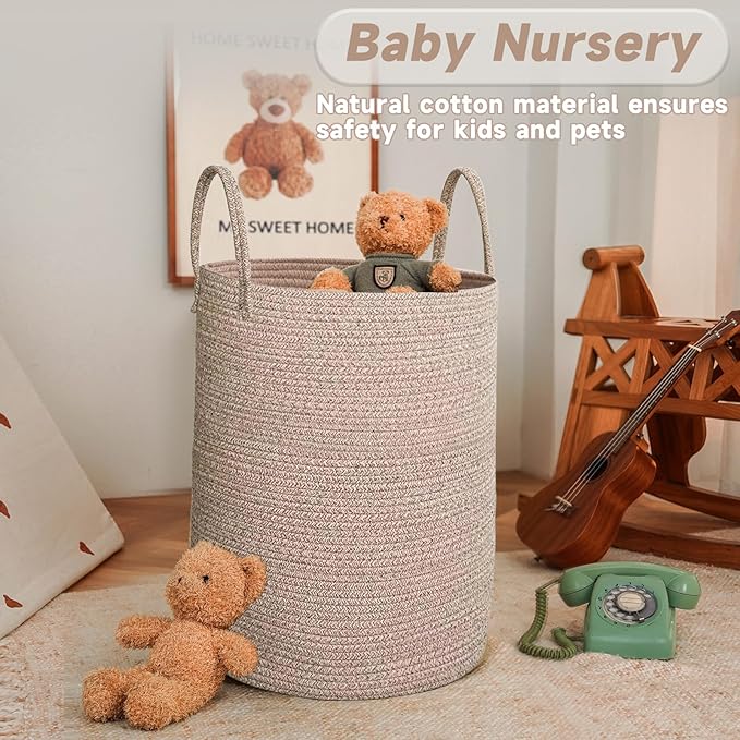 JMvicyroam 60L Cotton Rope Laundry Basket Hamper, Oatmeal | Collapsible laundry basket, reinforced handles, freestanding, machine washable, holds 3-5 thick blankets, clothes or toys