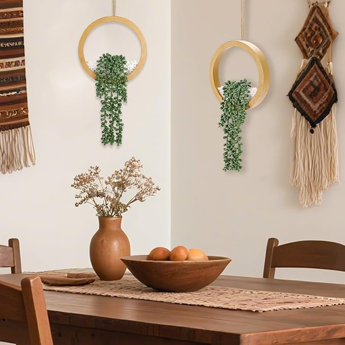 Der Rose 2 Pack 15" Fake Hanging Plants in Wood Tone Pots for Boho Decor | Cascading string of pearls, warm wood-look planters, included ropes suitable for bathroom bedroom living room boho wall decor