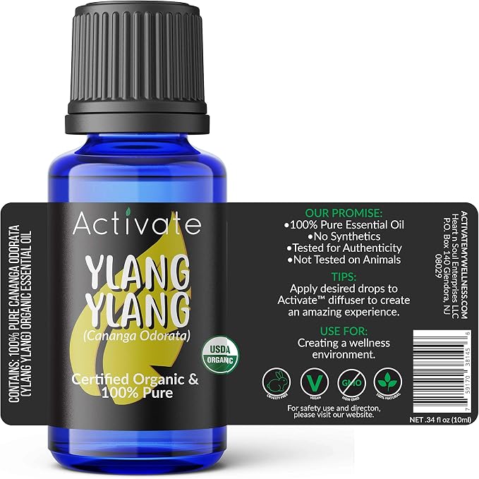 Activate Ylang Ylang Organic Essential Oil 100% Pure, USDA Certified Organic, Premium Grade, Undiluted, Natural, Aromatherapy & Diffuser Use 10ml