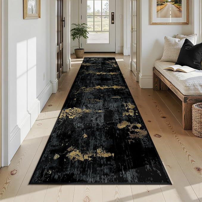 RELEANY Washable Runner 2'6"x12' Abstract Area Rug for Hallway Black Gold | carpet for kitchen, entryway, bathroom, living room, bedroom, printed pattern, non-slip, soft, stain-resistant, easy to clean