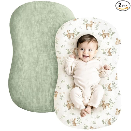 Konssy Muslin Baby Lounger Cover 2 Pack, 100% Cotton Newborn Lounger, Soft and Breathable for Boys & Girls (Woodland, Sage)
