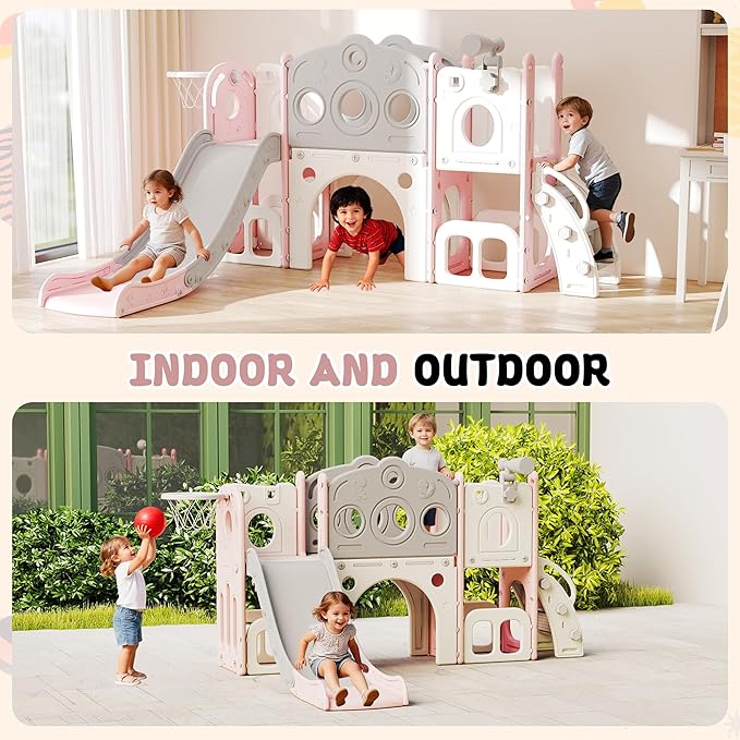 GITAWUSA 8 in 1 Toddler Slide, Outdoor Indoor Playset for Kids Baby Age 1 2 3, Childs Climber Slide with Storage Space and Non-Slip Steps, Basketball Hoopa and Telescope, Pink & White
