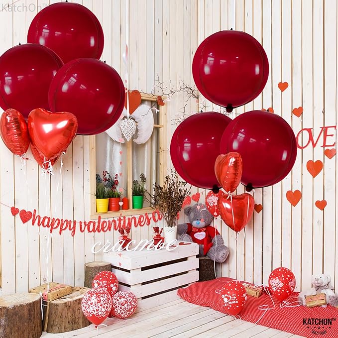 KatchOn, Big Metallic Ruby Red Balloons - 22 Inch, Pack of 6 | Round 4D Mylar Balloon for Valentines Day Decorations | Valentines Balloons for Galentines Decorations | Red Party Decoration, Birthday