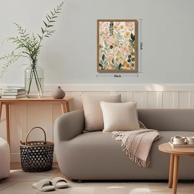 Framed Boho Floral Wall Art, Neutral Botanical Wildflower Canvas Wall Decor Painting, Vintage Flower Poster Print Picture for Living Room Bathroom Bedroom 16x24 Inch