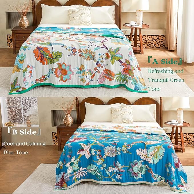 XIBLC Summer Throw Blanket, 80"x90" Reversible Bohemian Flower Blanket, 100% Cotton Muslin Breathable Woven, Farmhouse Decorative Throw Blanket
