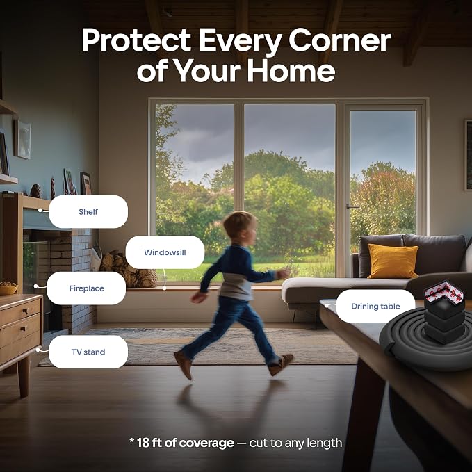 Baby Proof Corners and Edges with Furniture Corner & Edge Safety Bumpers, Impact-Absorbent 18ft Bumper & 8 Foam Corner Protectors, Cushy, Thick, Odorless Table Edge Protectors for Baby, Child | Black