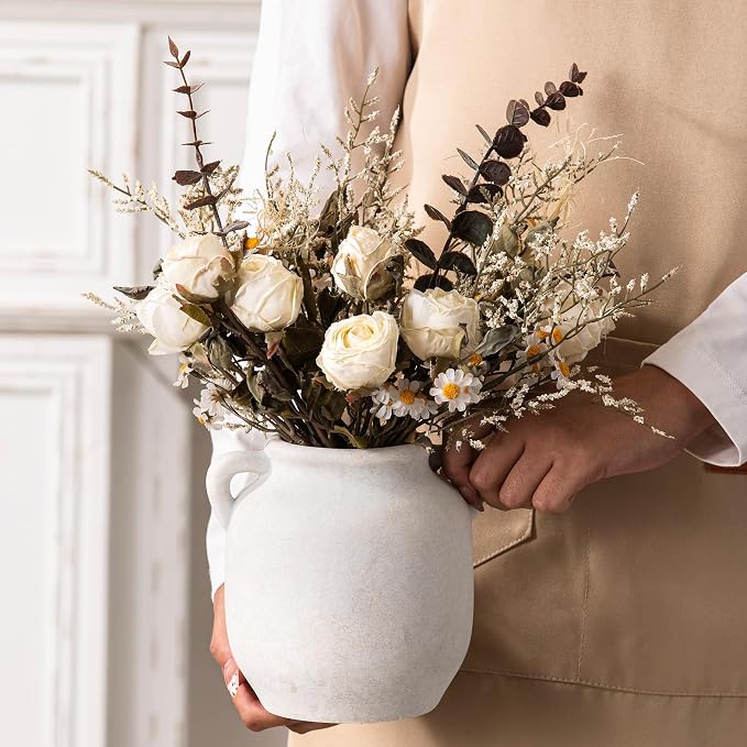 Vanselia Ceramic Flower Vase Home Table Decor Living Room Farmhouse 6 in | Small White Rustic Decorative Flowers Vases Plant Modern Decoration for Kitchen Shelf Coffee Dining Centerpieces Desk