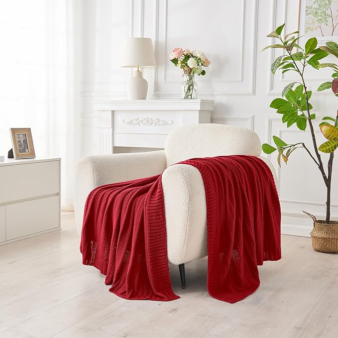 Douceur Christmas Red Throw Blanket for Bed, Soft Cozy Lightweight Stripe Pattern Knitted Throw Blanket for Sofa, Living Room Gift, 50"X60"